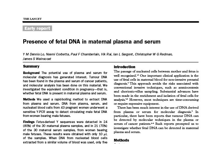 Lo publishes the research paper “Presence of fetal DNA in maternal plasma and serum” in 1997, a breakthrough in his research efforts
